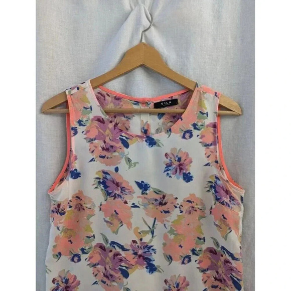 Vila clothes colorful floral button back tank light cotton women's size Large F1 - Picture 3 of 8